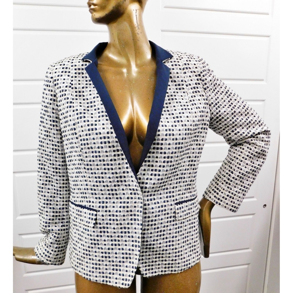 Lafayette 148 Navy Blue White Pattern Check Jacket Blazer sz 14